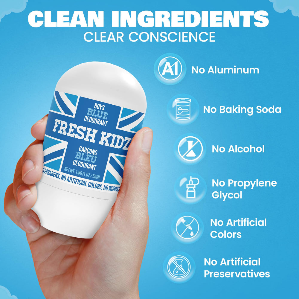 Fresh Kidz Roll On Deodorant Blue bottle closeup, dermatologically tested formula.