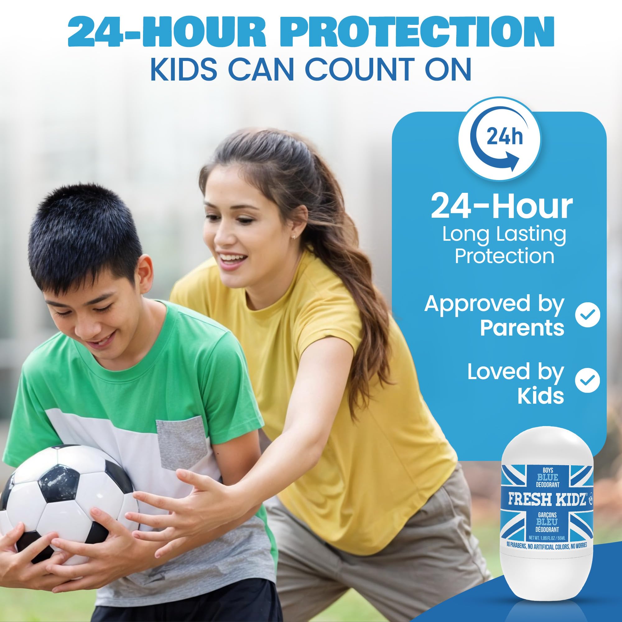 Fresh Kidz Roll On Deodorant Blue label details, aluminum-free and vegan.
