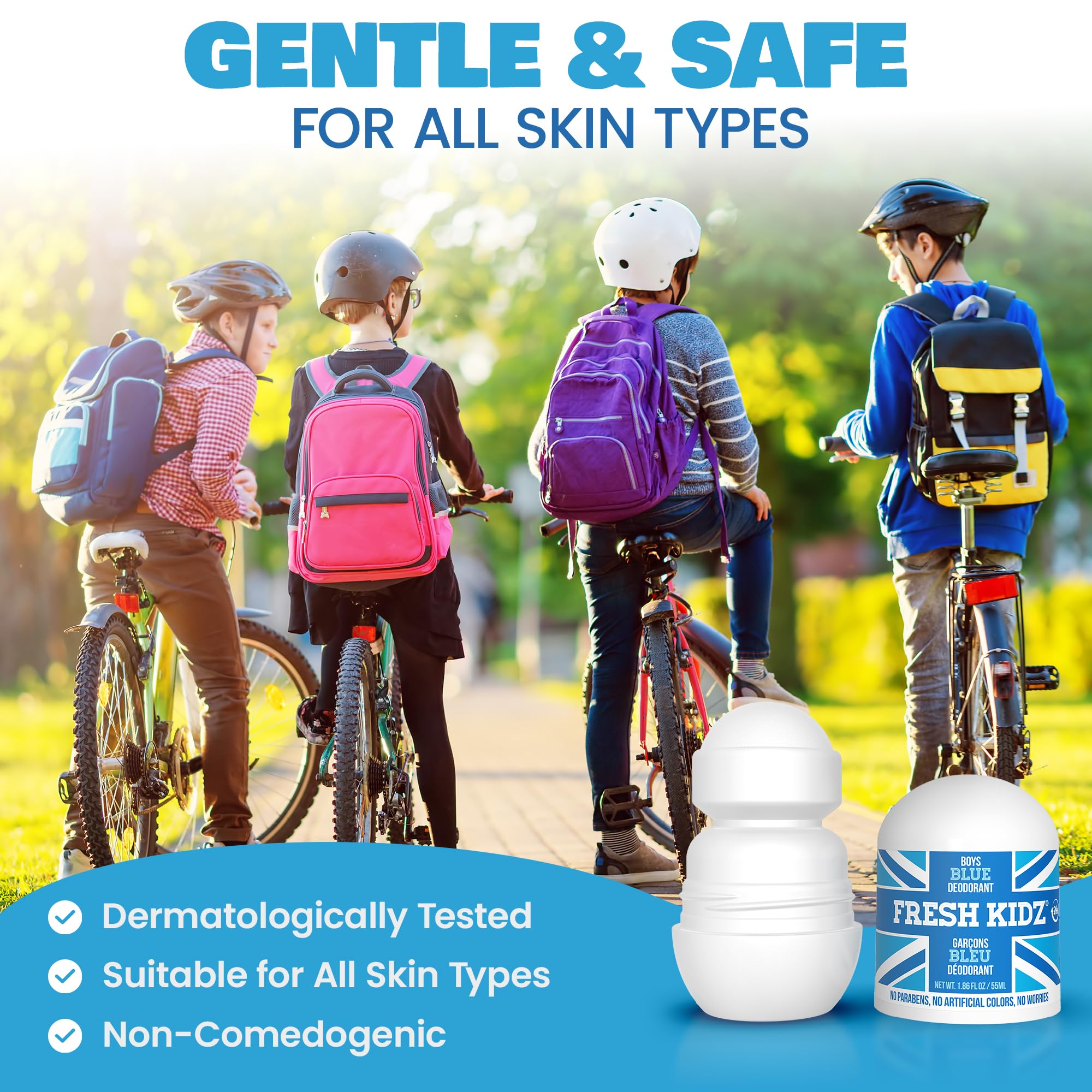 Fresh Kidz Roll On Deodorant Blue packaging, easy-to-grip design for kids.