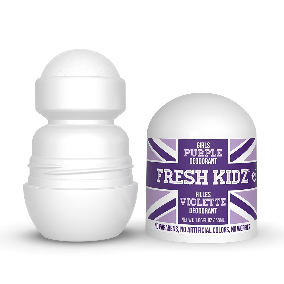 Fresh Kidz roll-on deodorant with pink cap, aluminum-free for active children.