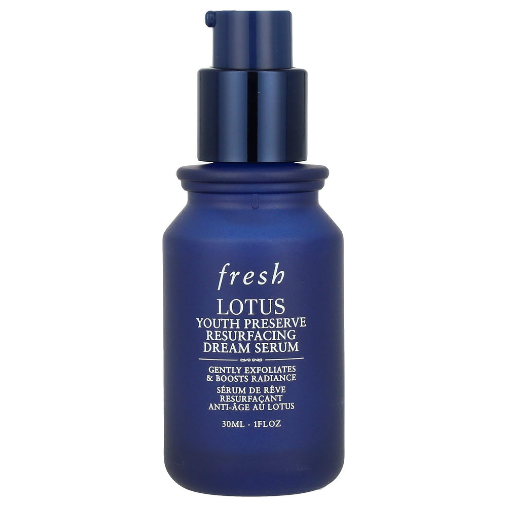 Fresh Lotus serum bottle pour highlights silky texture for easy nightly application.