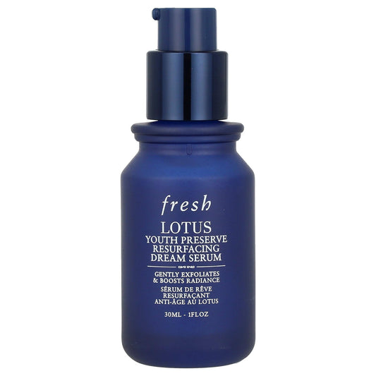 Fresh Lotus serum bottle pour highlights silky texture for easy nightly application.