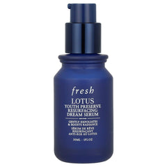 Fresh Lotus serum bottle pour highlights silky texture for easy nightly application.
