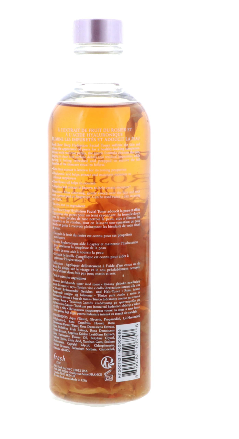Fresh Rose Deep Hydration Toner bottle pouring for a gentle pore-minimizing application.