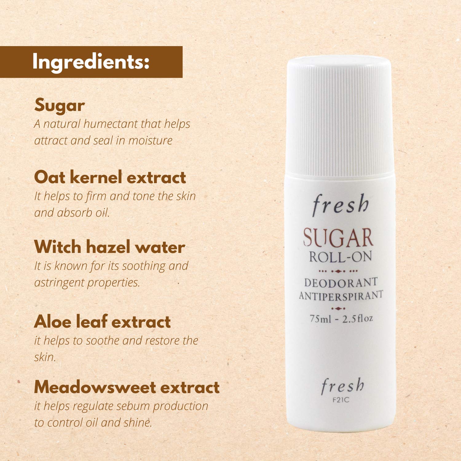 Fresh Sugar Roll-On packaging highlighting compact 75 ml size for on-the-go use.