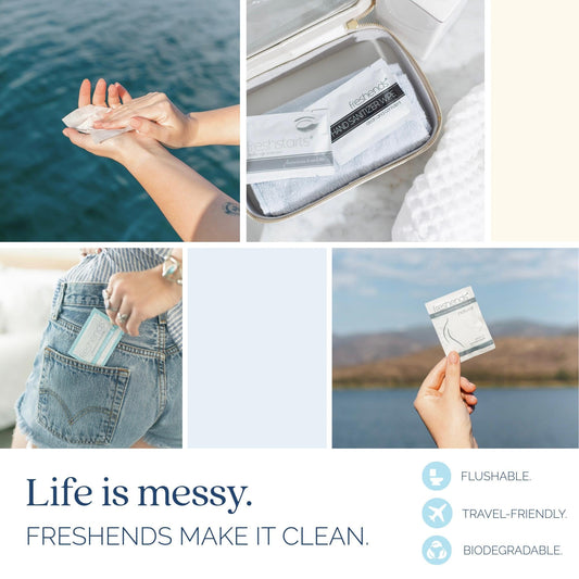 Freshends gray bulk pack displayed on guest bathroom shelf for hospitality convenience.