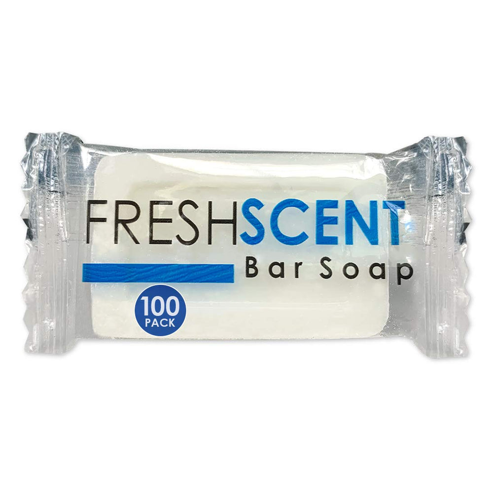 Freshscent bar soap 100-pack box for bulk hotel amenities and easy stocking.