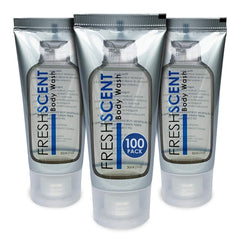 Freshscent body wash bottle top shows easy-access design for guests