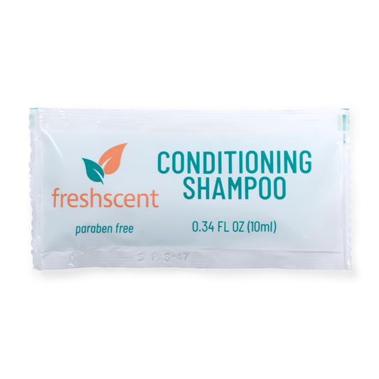 Freshscent Conditioning Shampoo single-use packet front, ideal for travel and gym bags.