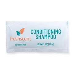 Freshscent Conditioning Shampoo single-use packet front, ideal for travel and gym bags.