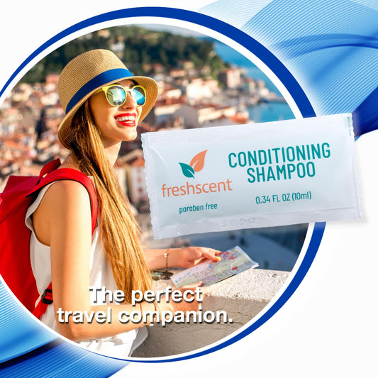 Freshscent Conditioning Shampoo tear-open packet, quick access for busy mornings.