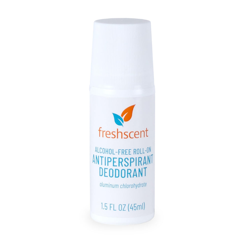 Freshscent roll-on deodorant bottle with alcohol-free formula for daily protection.