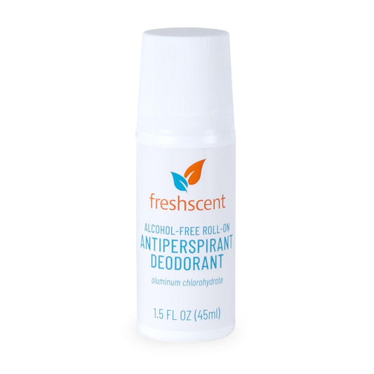Freshscent roll-on deodorant bottle with alcohol-free formula for daily protection.