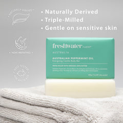 Freshwater Farm Australia energizing castile soap closeup bar shows creamy lather for dry skin.