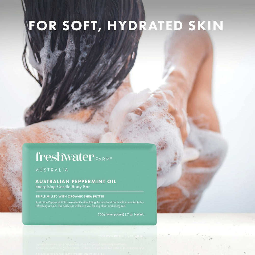 Freshwater Farm Australia energizing castile soap family-use scene suggests versatile everyday cleansing for all.