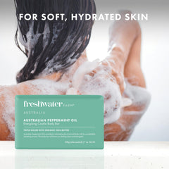 Freshwater Farm Australia energizing castile soap family-use scene suggests versatile everyday cleansing for all.