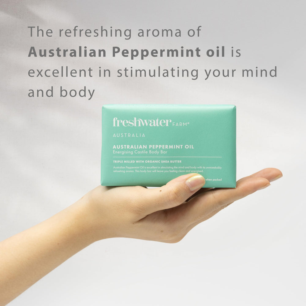 Freshwater Farm Australia energizing castile soap ingredients-chart highlights natural, plant-based components and skin-friendly formula.