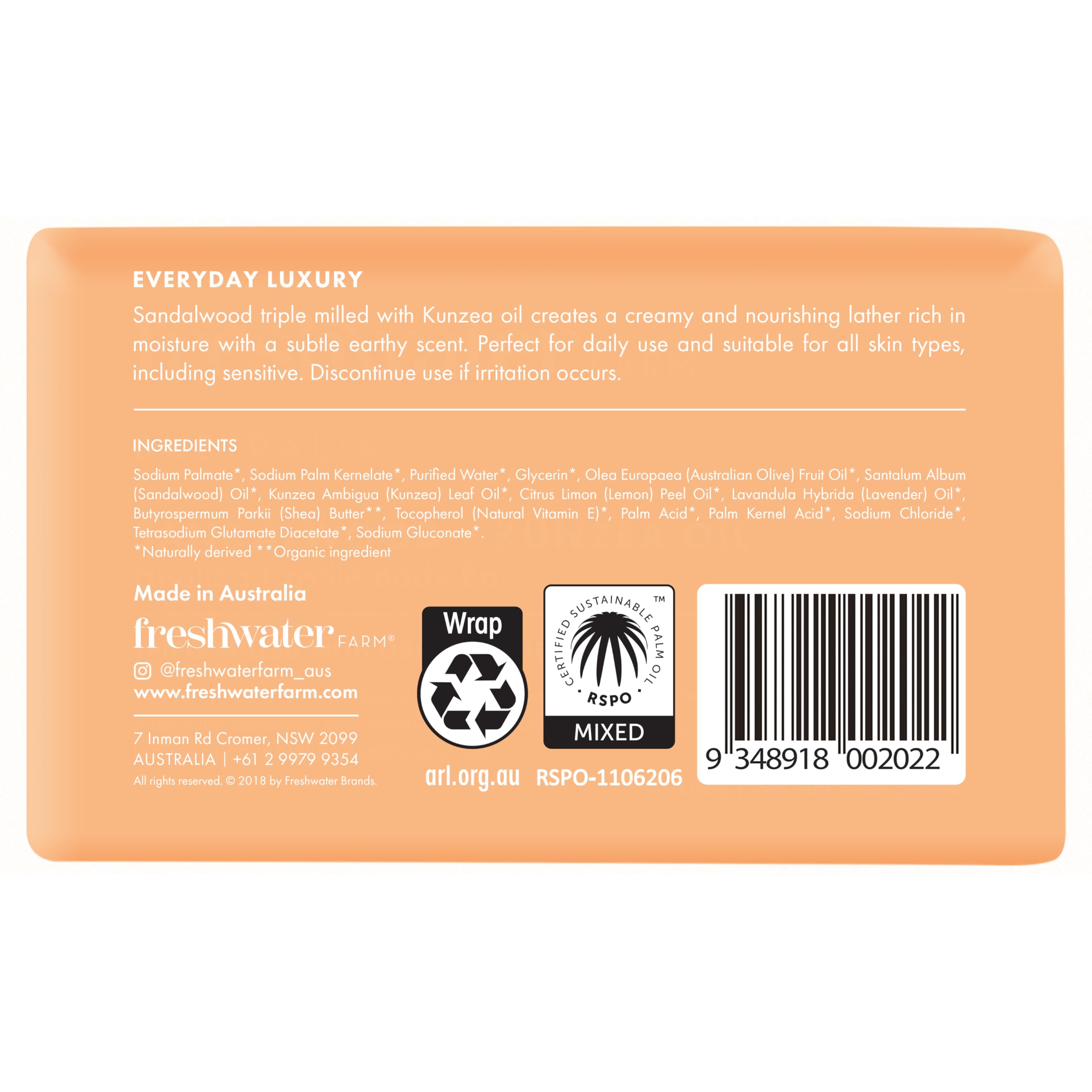 Freshwater Farm Australia Healing Sandalwood Kunzea Bar lathering for a rich, creamy wash.