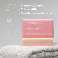Freshwater Farm Australia olive oil creamy-lather bar; nourishing base for daily cleansing.