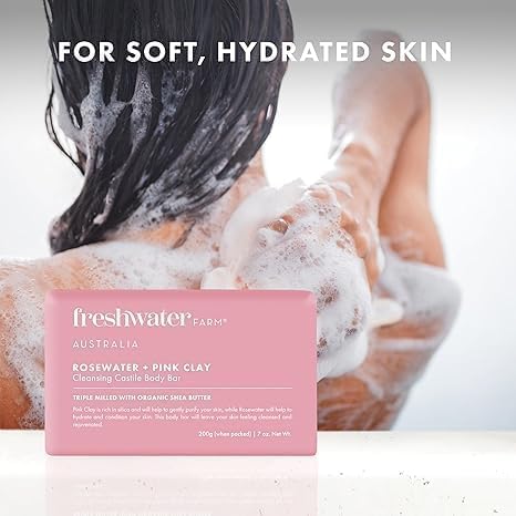 Freshwater Farm Australia pink clay tone bar closeup; natural color and gentle cleansing for skin.