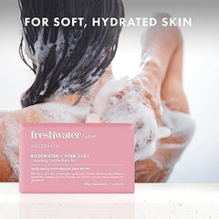 Freshwater Farm Australia pink clay tone bar closeup; natural color and gentle cleansing for skin.
