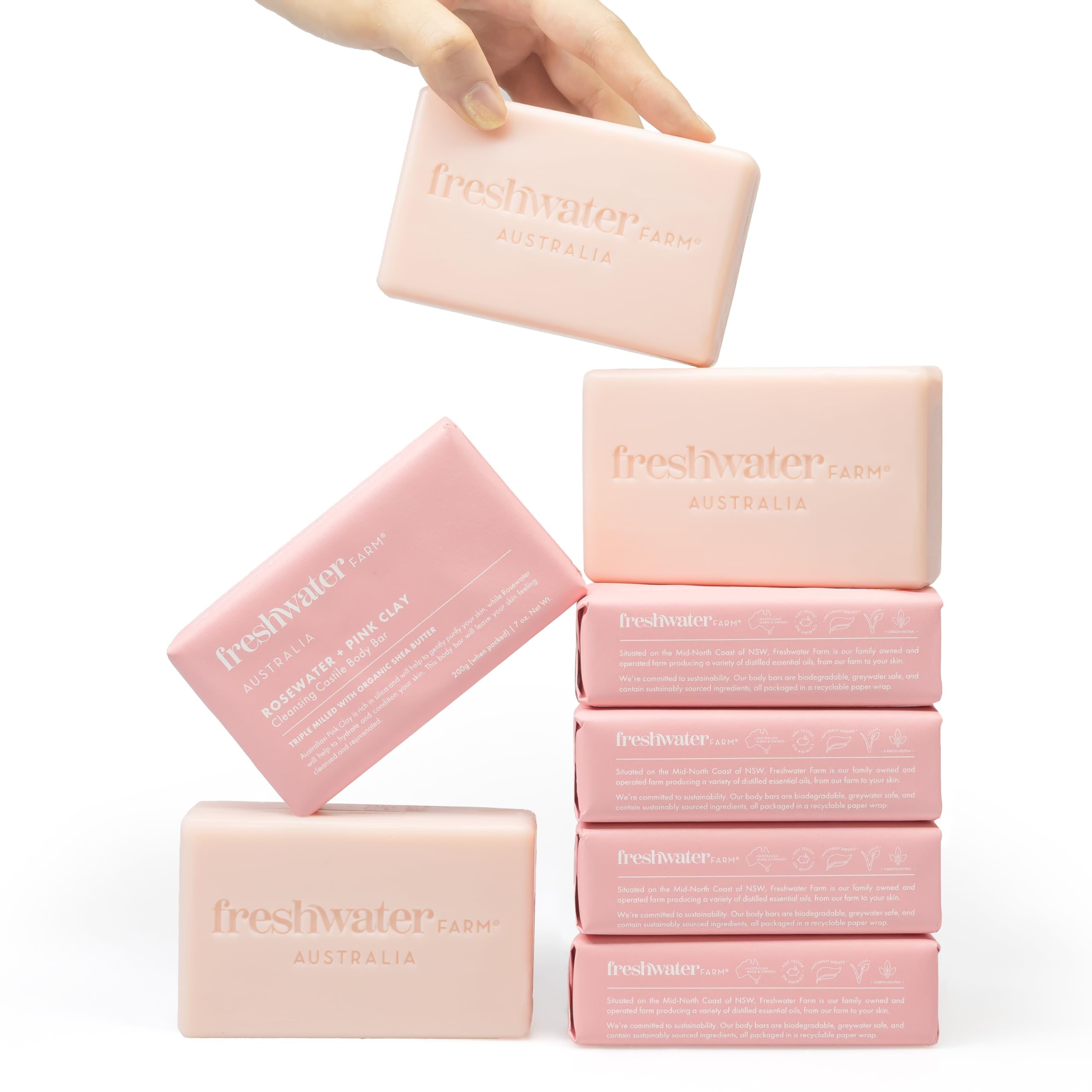 Freshwater Farm Australia rosewater pink clay bar closeup; luxurious cleansing with gentle hydration.