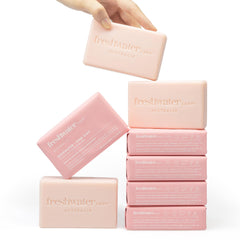 Freshwater Farm Australia rosewater pink clay bar closeup; luxurious cleansing with gentle hydration.