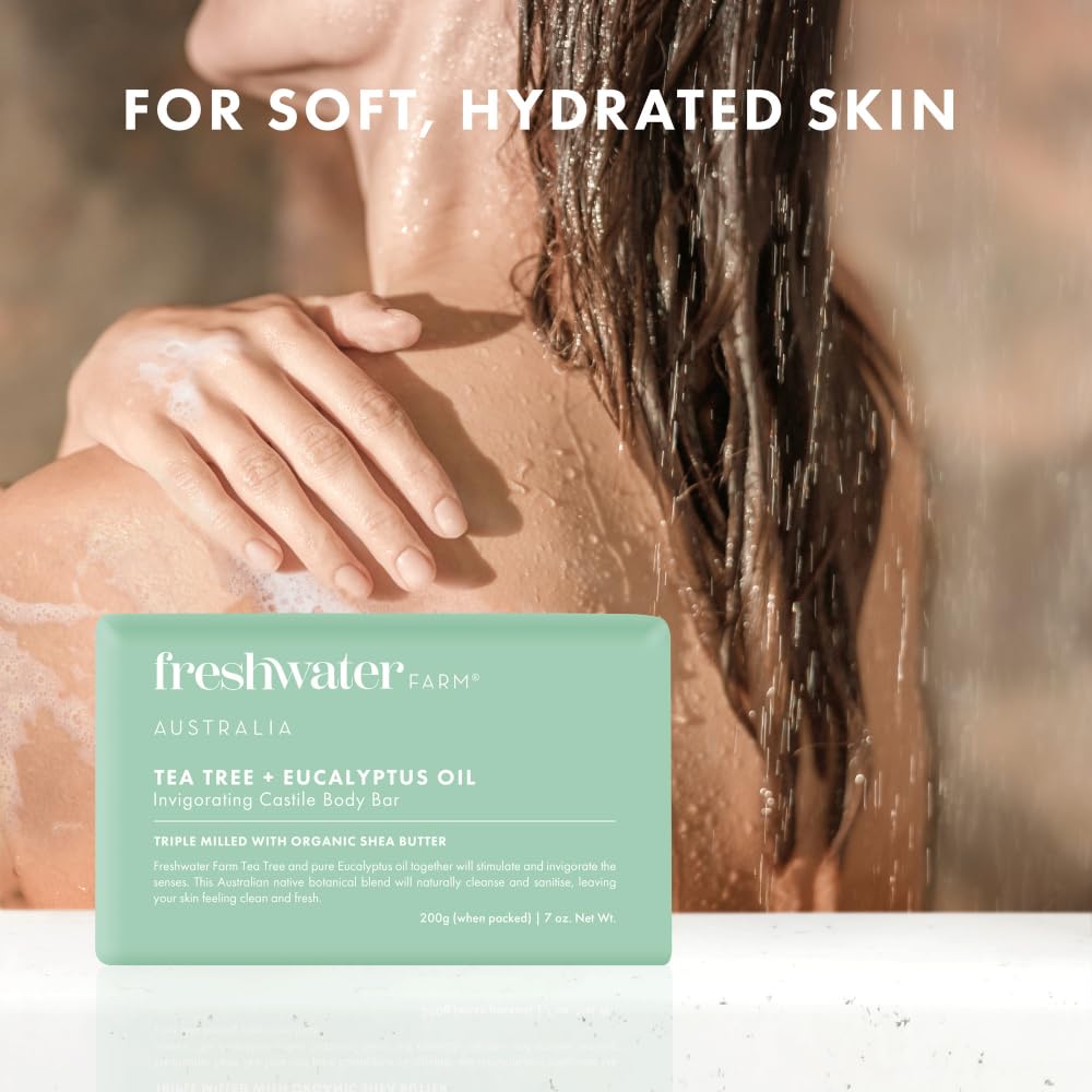 Freshwater Farm Australia soap bar in shower setting, eco packaging.