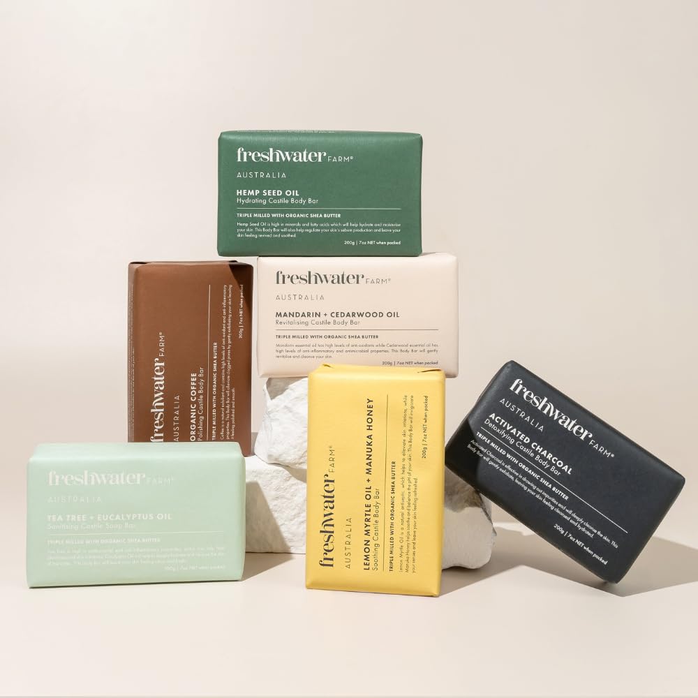 Freshwater Farm Australia soap bar cleanses gently for daily use.