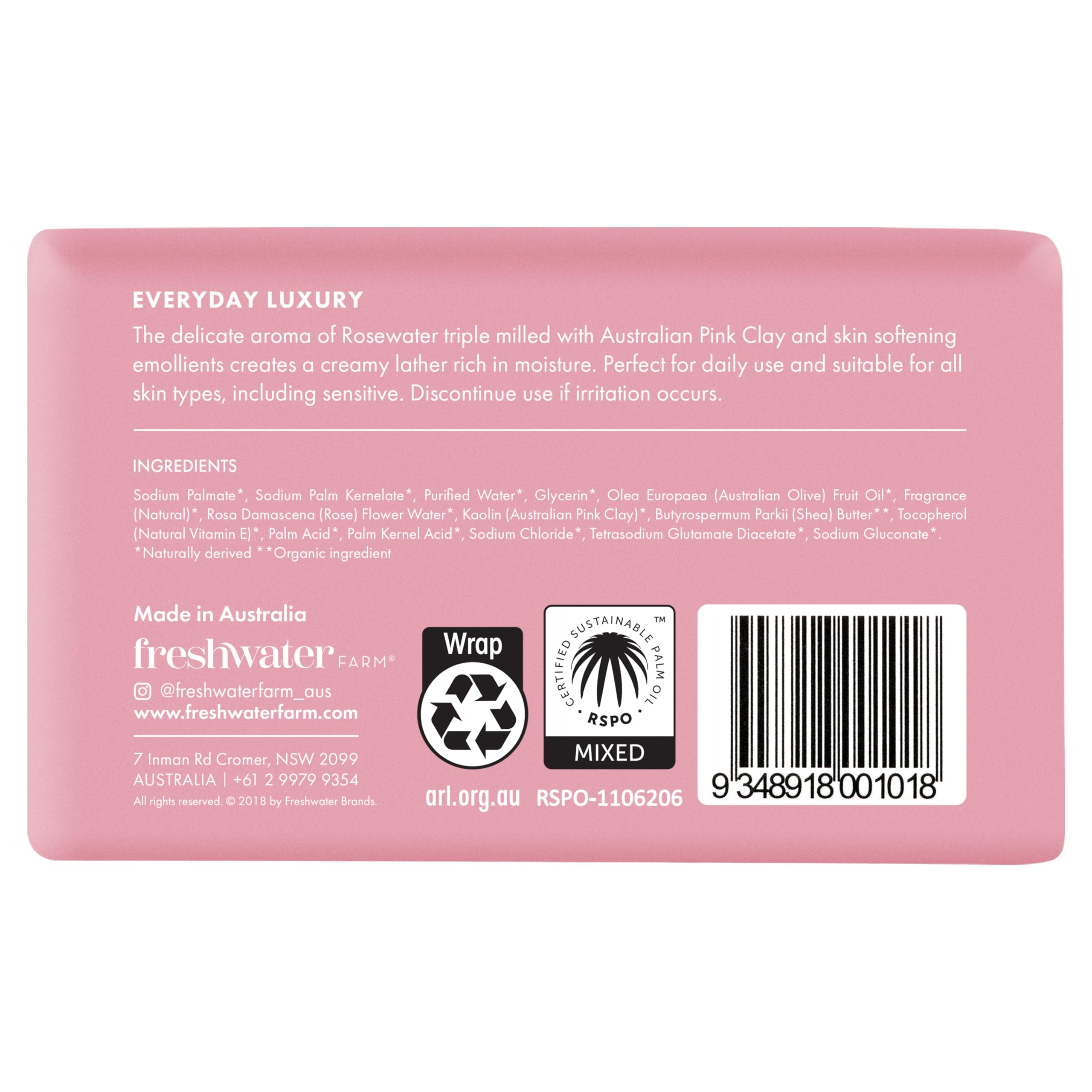Freshwater Farm Australia triple-milled rosewater bar closeup; smooth, rich lather for dry skin.