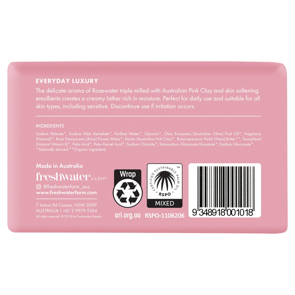 Freshwater Farm Australia triple-milled rosewater bar closeup; smooth, rich lather for dry skin.
