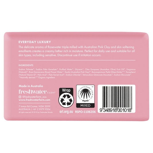 Freshwater Farm Australia triple-milled rosewater bar closeup; smooth, rich lather for dry skin.