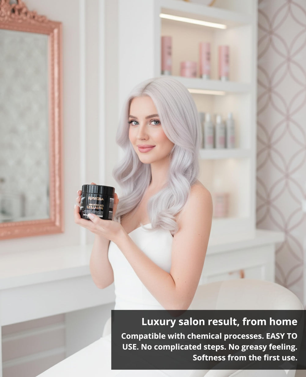 Frizzia Ultra Collagen Hair Mask after wash delivers glossy, smooth results.
