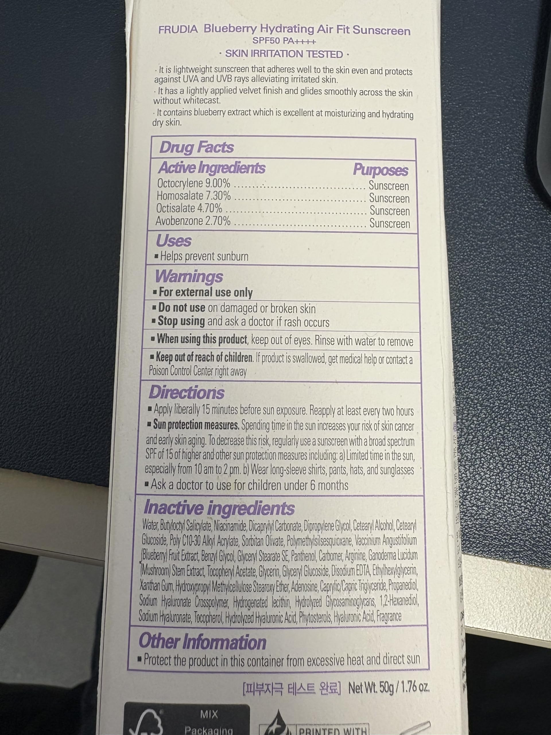 FRUDIA Blueberry Air Fit Sunscreen texture on skin during application.