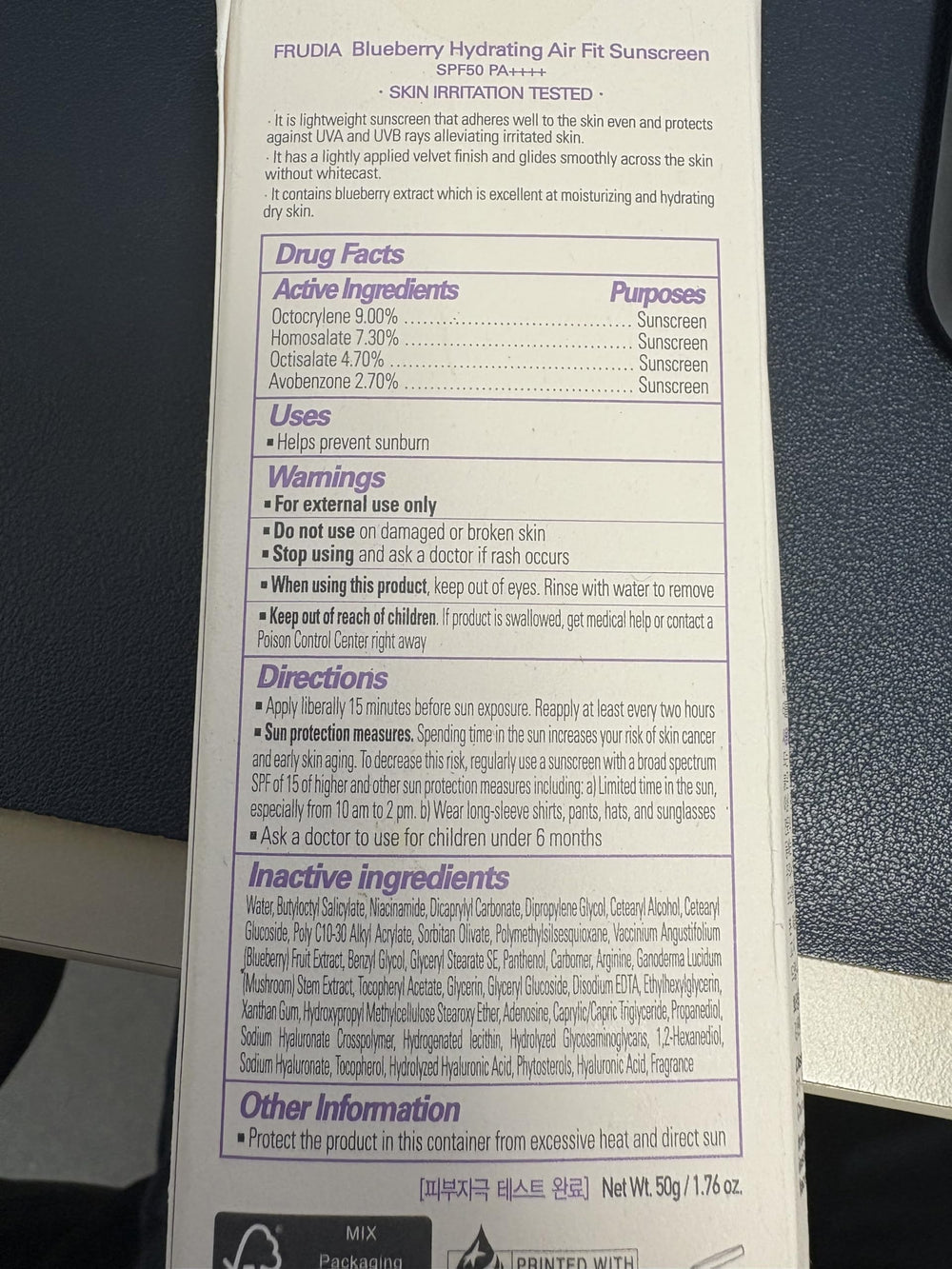 FRUDIA Blueberry Air Fit Sunscreen texture on skin during application.