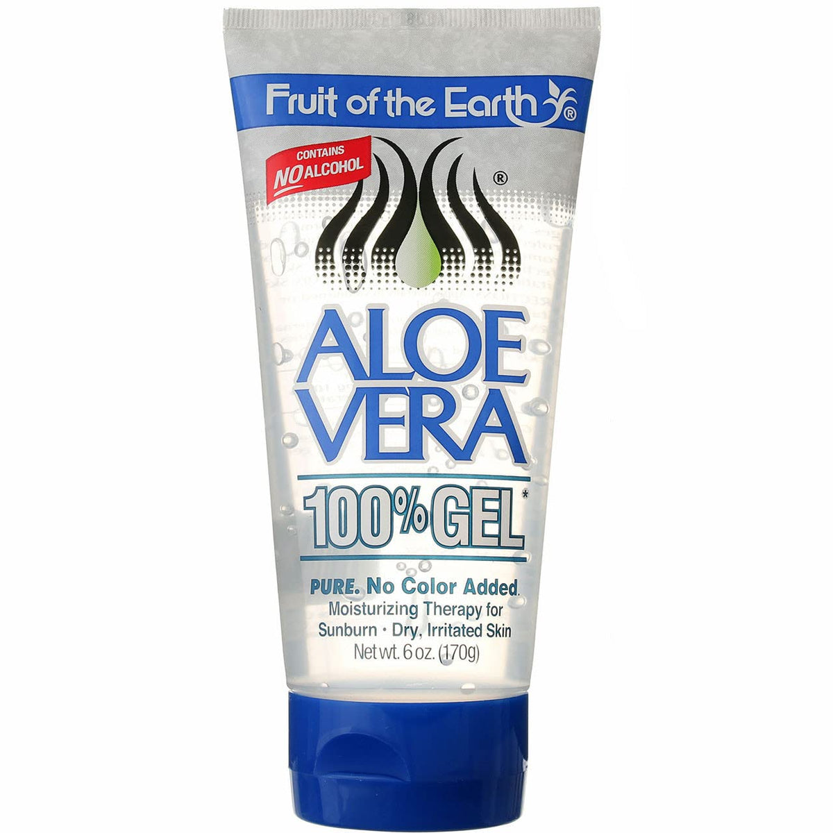 Fruit of the Earth Aloe Vera 100% Gel in a 6 oz tube; refreshing, non-greasy hydration.