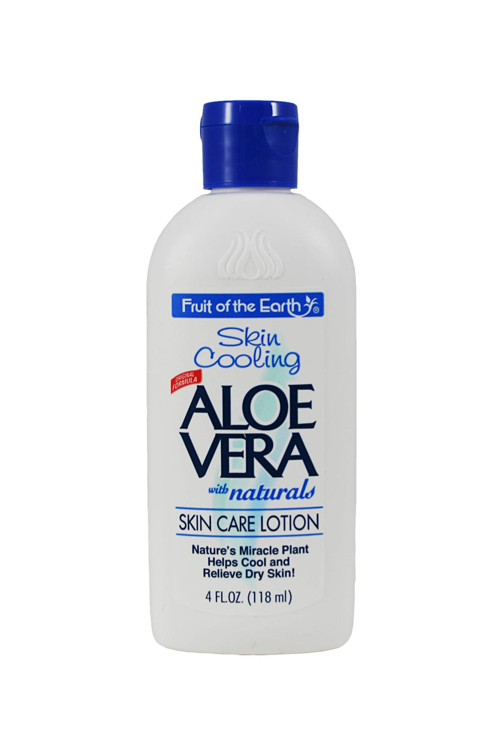 Fruit of the Earth Aloe Vera Lotion travel-size bottle front view for on-the-go hydration.