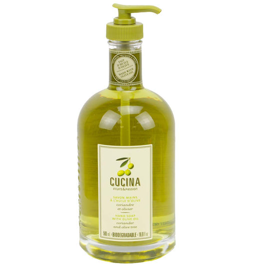 Fruits and Passion Cucina coriander olive tree hand soap bottle in kitchen