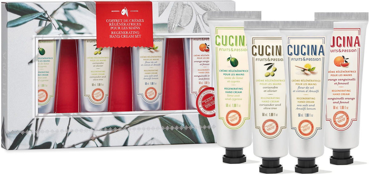 Fruits and Passion Cucina regenerating hand cream set, travel-size tubes for nourished moisture on the go.