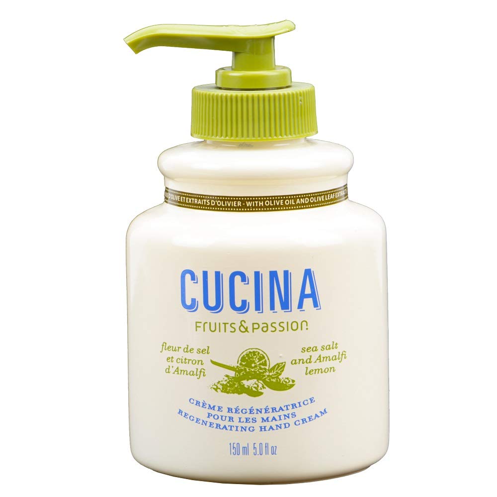 Fruits and Passion Cucina hand cream jar close-up with olive oil nourishment.