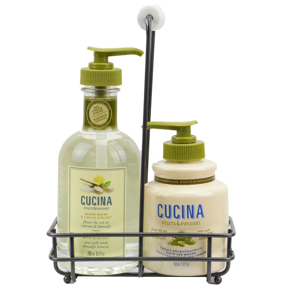 Fruits and Passion Cucina hand soap bottle pouring, sea salt aroma for gentle cleansing.