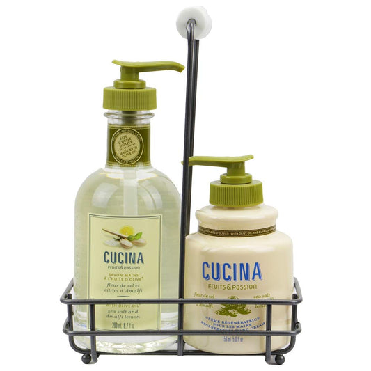 Fruits and Passion Cucina hand soap bottle pouring, sea salt aroma for gentle cleansing.