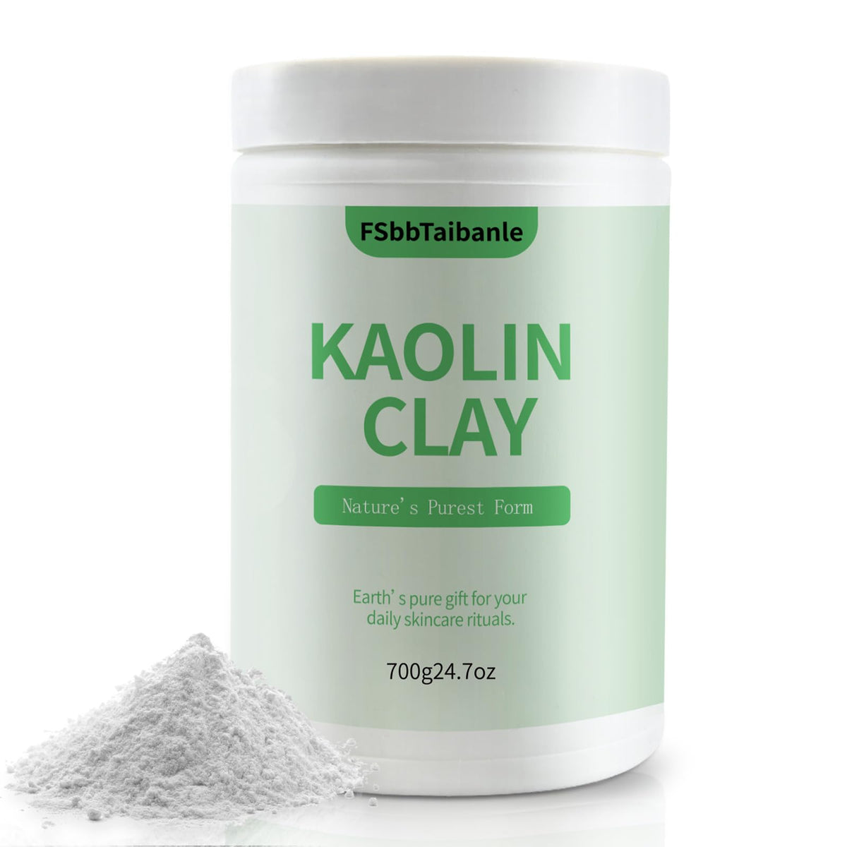 FSbbTaibanle White Kaolin Clay Powder packaging highlights cruelty-free, premium base for DIY skincare.