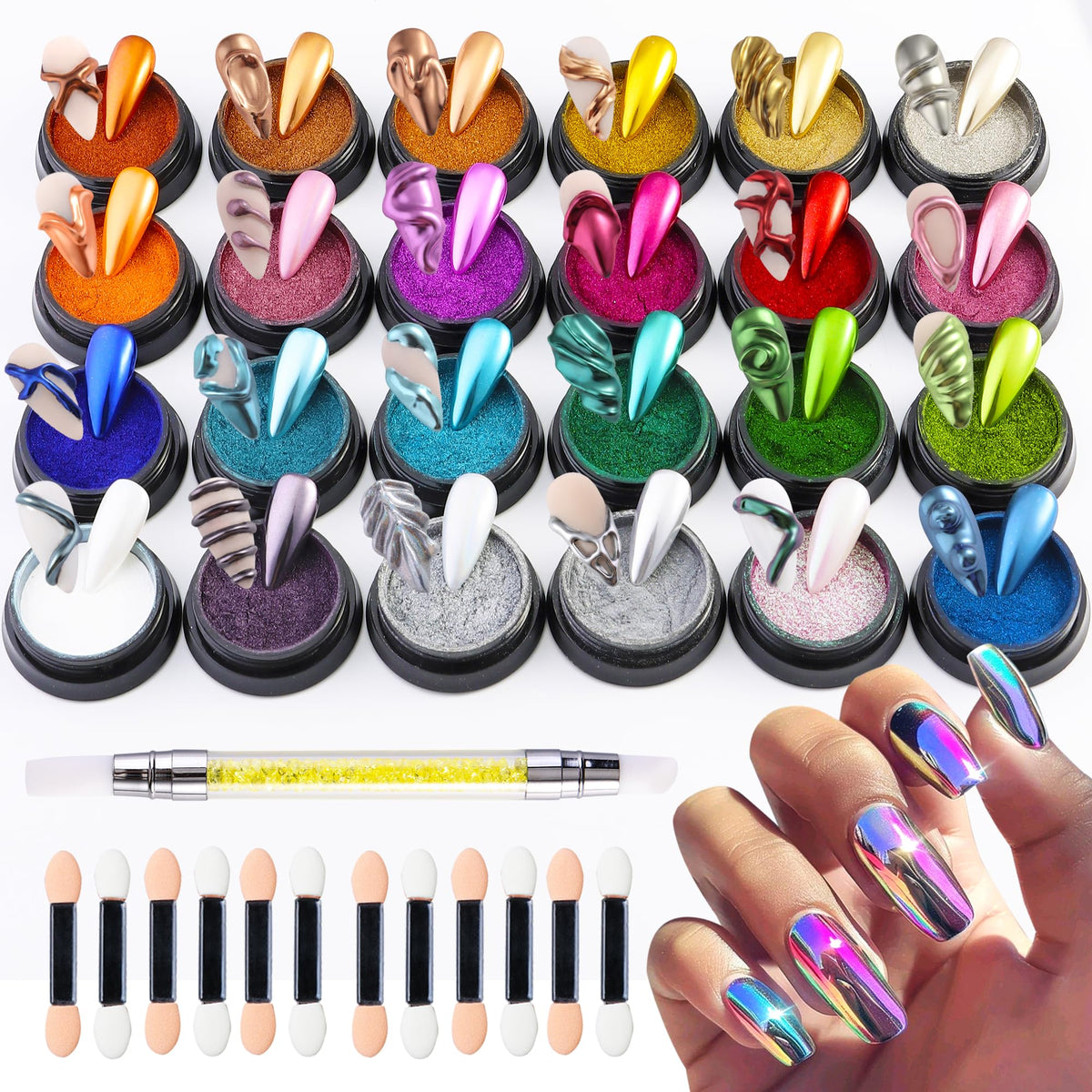 FSpronail 24-color chrome powder kit with mirror finish for bold nail art possibilities.