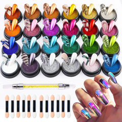 FSpronail 24-color chrome powder kit with mirror finish for bold nail art possibilities.