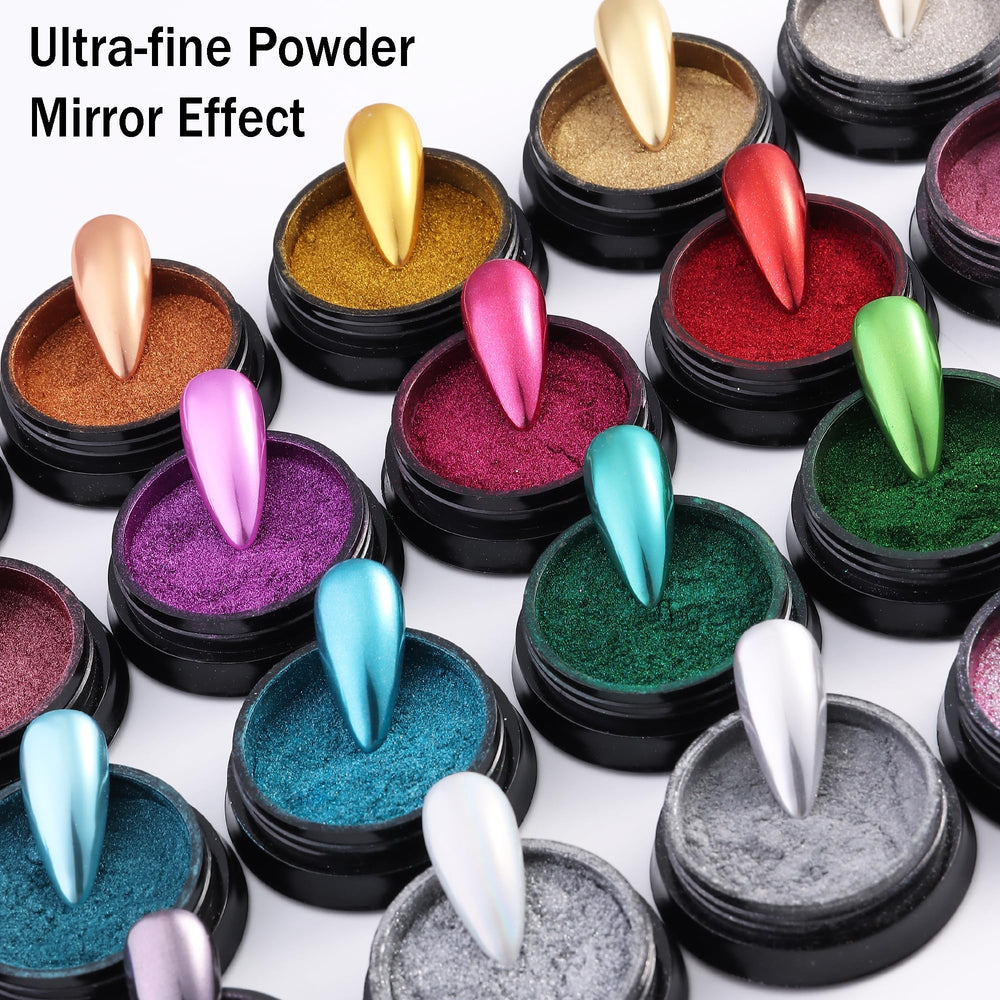 FSpronail chrome powder on white background shows subtle shimmer and fine particle glow.