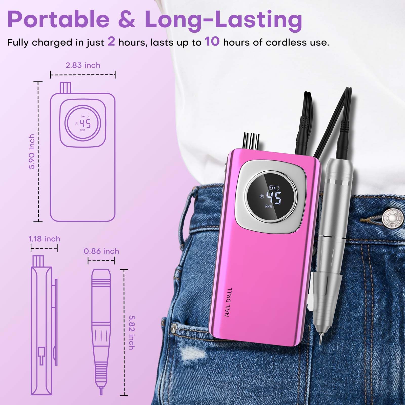FTOYIN nail drill with HD display shows speed and battery status.