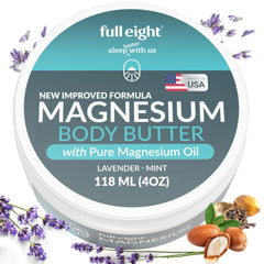Full Eight magnesium body butter jar shows rich texture for deep tissue comfort.