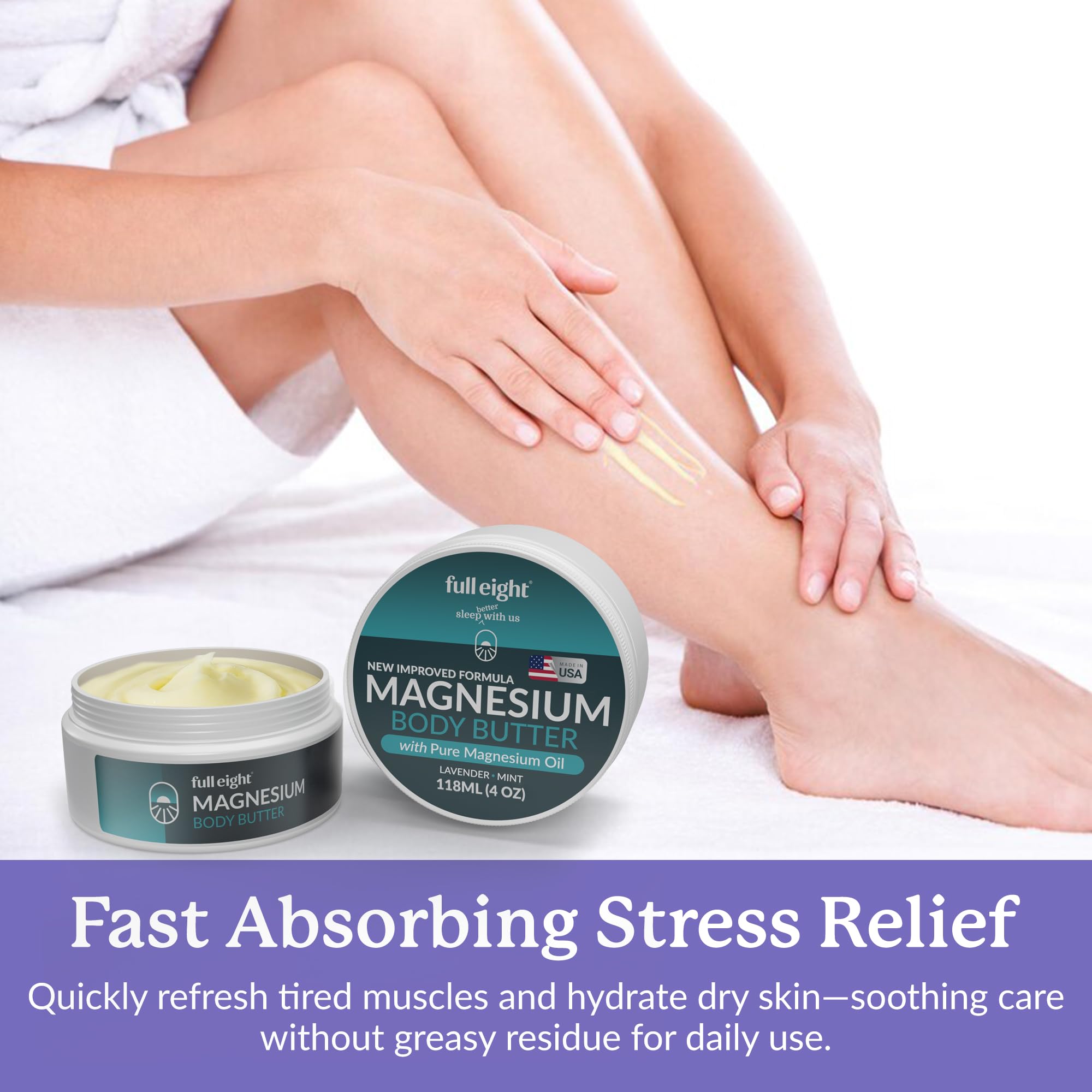 Full Eight magnesium body butter on tired feet helping relaxation after day.