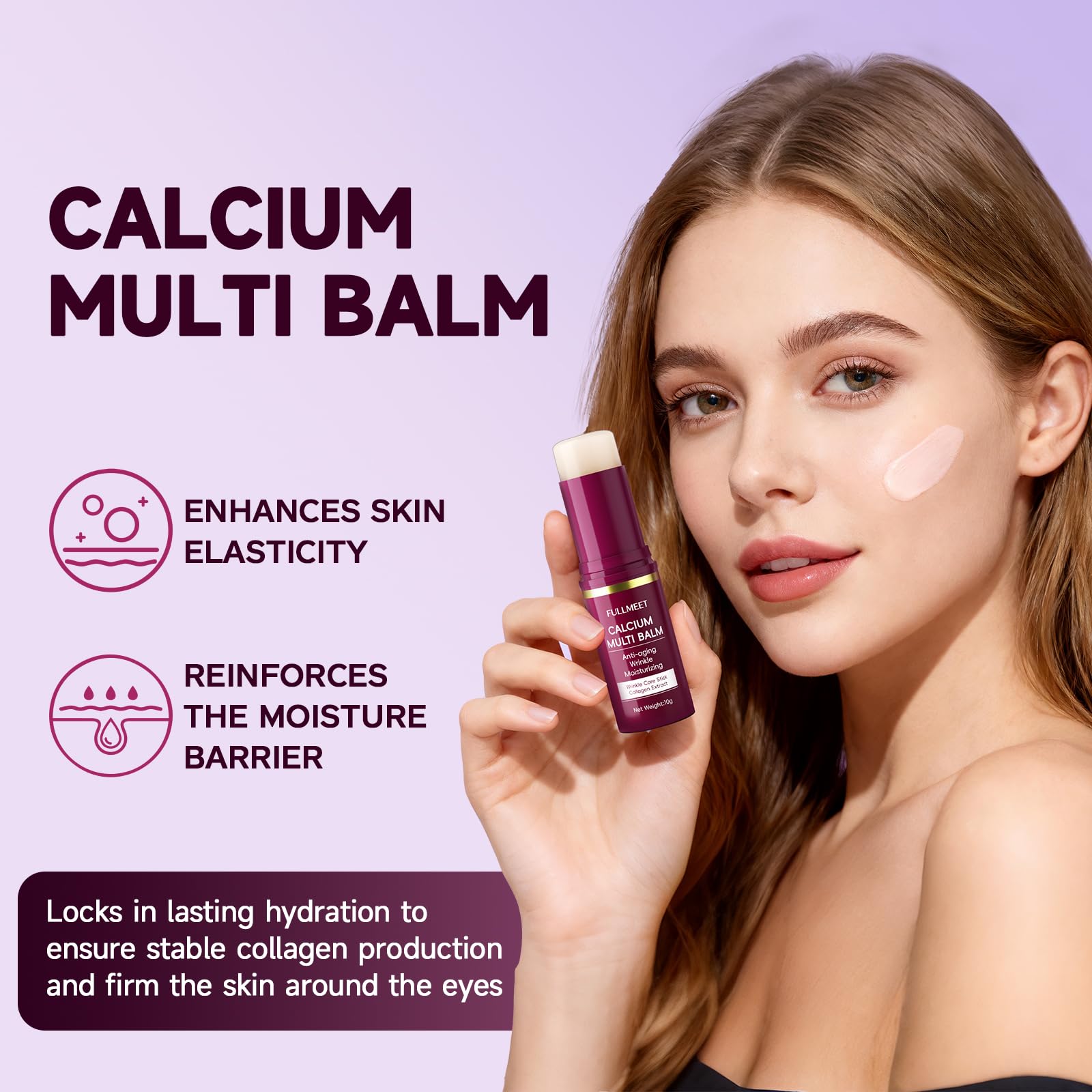 FullMeet Calcium Multi Balm Stick close-up showing smooth texture for quick absorption.